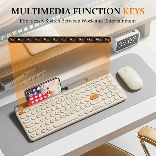 Bluetooth Keyboard Mouse Combo, Dual Multi-Device Wireless Keyboard with Phone Holder, Ultra-Compact 78-Key Layout, Quiet Keys & Rechargeable, for Windows PC Laptop (White) - color: White