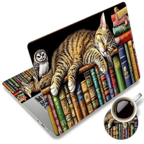 Laptop Skin Sticker Decal 12"-15.6" Universal Laptop/Notebook/Netbook Vinyl - Waterproof Scratch Resistant,Fits HP Dell Lenovo MacBook,2 Free Wrist Pads,Easy Apply & Remove,Cat Bookshelf - color: Cat Bookshelf