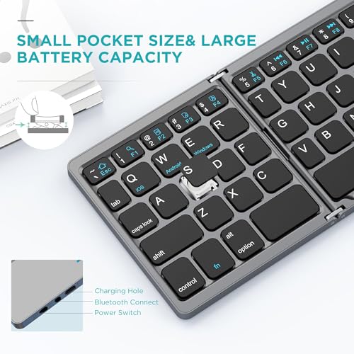 Foldable Bluetooth Keyboard with Touchpad - Portable Wireless Keyboard with Holder, Rechargeable Full Size Ultra Slim Pocket Folding Keyboards for Android Windows iOS Tablet & Laptop