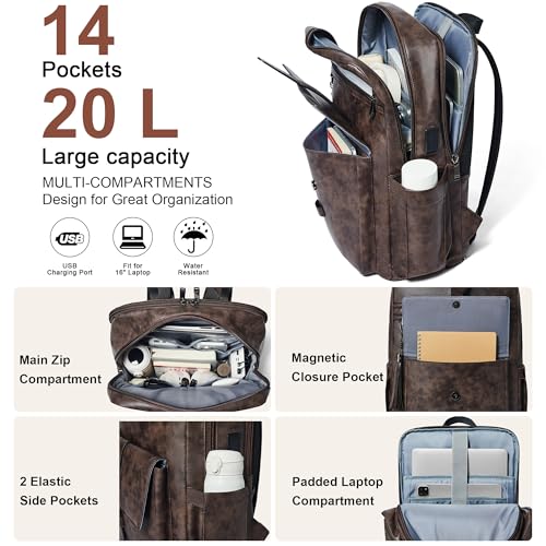 16 inch Vegan Leather Laptop Backpack with USB Charger | Smart Computer Backpack For Men and Women,Back Pocket Convert Luggage Sleeve,20L Large Capacity,Business Work Office College - color: Two-toned Coffee