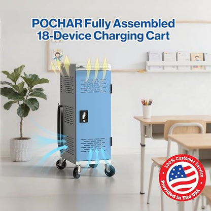 POCHAR Fully Assembled 18-Device Mobile Charging Cart for Chromebooks, Gray | Locking Laptop Cabinet with Cable Management, Cord Organization, Power Strip, Stores Tablets up to 14'' Screens