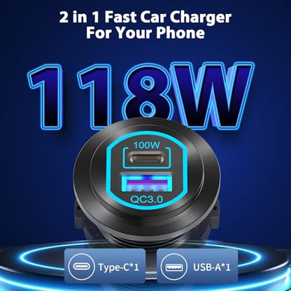 2 Pack 12V USB C Outlet PD 100W Car USB Port for Laptop and QC3.0 18W Car Charger Socket Aluminum Alloy, Fast Charging Cigarette Lighter Replacement DIY Accessary for RV MarineTruck Boat Golf