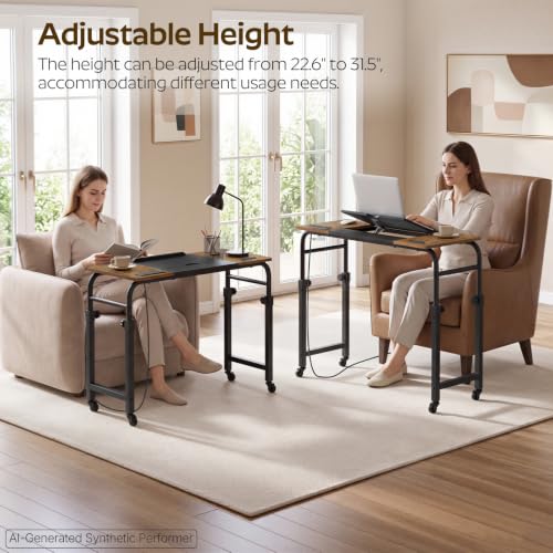 Overbed Table with Wheels and Height Adjustable, Recliner Table with Charging Station, Over the Bed Desk for Bed, Sofa, Office, Rustic Brown and Black SF05UBR