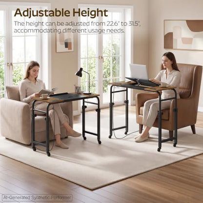 Overbed Table with Wheels and Height Adjustable, Recliner Table with Charging Station, Over the Bed Desk for Bed, Sofa, Office, Rustic Brown and Black SF05UBR