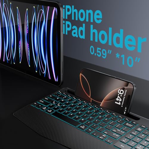 Hamile Wireless Backlit Keyboard with Wrist Rest, Black | 2.4G and Bluetooth keyboard with 8 backlight effects, slim rechargeable silent keys, holder, and Windows/Mac support - color: Black