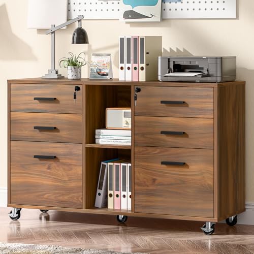 Halitaa Lateral File Cabinet with Lock, Large Mobile Storage Filing Cabinet with 6 Drawers Fits Files Letter/A4 Size, Rolling Printer Stand with Open Storage Adjustable Shelf for Home Office, Brown - color: Brown