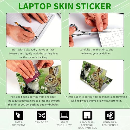 Laptop Skin Sticker Decal, Universal Protective Cover Fit 12 13 14 15.6 Inch Notebook, Reusable Water-Resistant Vinyl Decal w/ 2 Wrist Pads for Business Travel Office, Cat Rabbit - color: Cat Rabbit