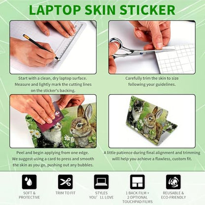 Laptop Skin Sticker Decal, Universal Protective Cover Fit 12 13 14 15.6 Inch Notebook, Reusable Water-Resistant Vinyl Decal w/ 2 Wrist Pads for Business Travel Office, Cat Rabbit - color: Cat Rabbit