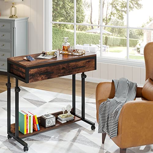 Tribesigns Portable Desk with Drawers, Mobile Laptop Desk with Wheels, Sofa Side Table Small Portable Standing Rolling Table for Home Office - color: Brown