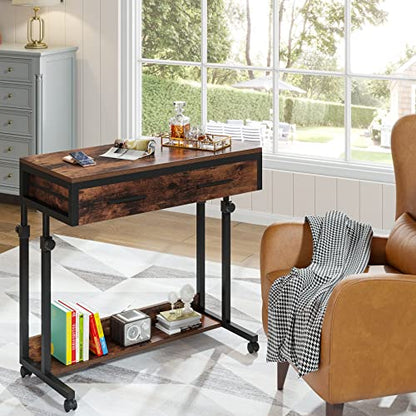 Tribesigns Portable Desk with Drawers, Mobile Laptop Desk with Wheels, Sofa Side Table Small Portable Standing Rolling Table for Home Office - color: Brown