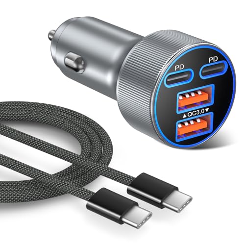 Super Fast Type C Car Charger, Besgoods Dual 45W USB C 4-Port Cigarette Lighter Adapter Compatible with Galaxy S26 Ultra S25 FE S24 S22 iPhone 17 16 15 Pro Max, with 6ft Braided USB C to C Cable - color: grey charger + black cable, size: 1-Pack