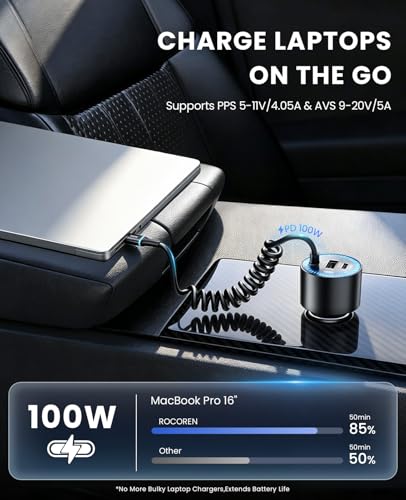 Rocoren 200W USB‑C Fast Car Charger, 5.2Ft Coiled Cable for Laptops & Phone | Super Fast Charging Travel Essentials for iPhone 17/16/15 Pro Max, MacBook Pro Air, Samsung S26/S25, iPad Pro