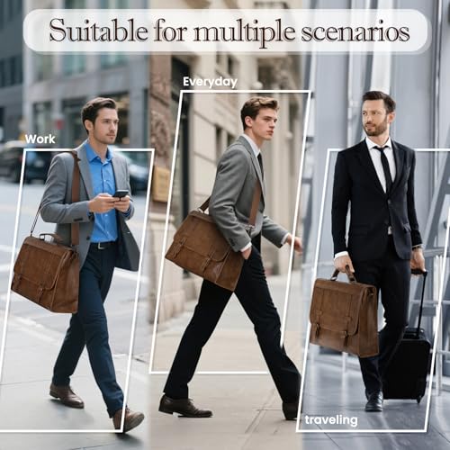 RAINSMORE Mens Messenger Bag 17 Inch Waterproof Vintage Leather Laptop Briefcase Large Computer Laptop Bag Satchel Bag Retro Shoulder Bag,Brown
