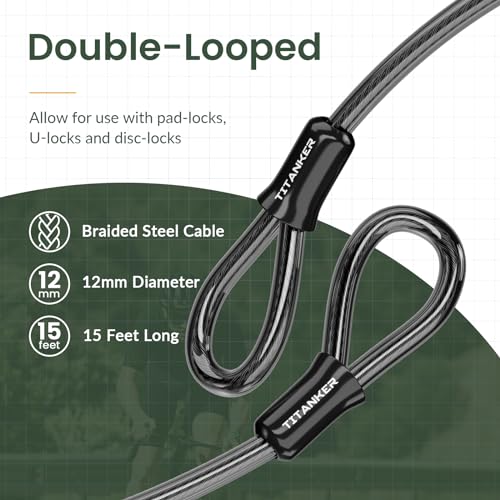 Titanker Bike Lock Cable,12mm Thick Security Cable with Loops Heavy Duty Steel Cable Vinyl Coated Bike Cable Lock Security Chain (4ft, 7ft, 15ft, 30ft) - style: 15 Feet