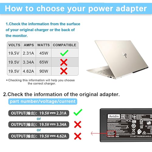 45W 19.5V 2.31A Charger Compatible with HP Pavilion Envy X360 TPN-CA14 r-41013153 15-f272wm 15-f387wm 15-ba009dx 15-dw0083wm 15-f222wm 213349-109 TPN-LA15 TPN-DA16 Laptop Power Adapter 4.5x3.0mm