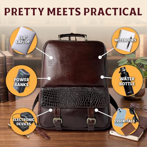 15.6" Luxury Burgundy Leather Laptop Backpack for Men & Women. Leather Bag for Professional Use in Office & Business - color: Burgundy