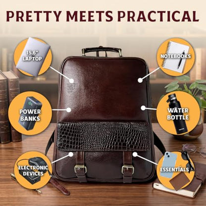 15.6" Luxury Burgundy Leather Laptop Backpack for Men & Women. Leather Bag for Professional Use in Office & Business - color: Burgundy