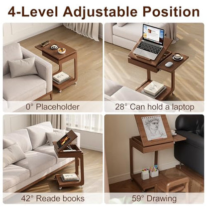 Solid Wood C Shaped End Table for Couch,Walnut C Table with Wheels,Rolling Side Table with Storage,Couch Desk with Adjustable Desktop,Rolling Tv Tray with Folding Shelf,Modern Couch Table - color: Walnut