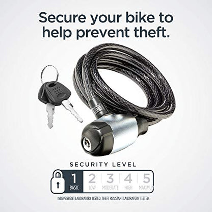 Schwinn Bike Cable Lock with Keys, 6 ft x 8 mm, Black, Durable Steel, Protective Vinyl Cover, Carrying Bracket for Transport, Anti Theft Protection, Bike Lock Cable for Security - size: 6 Foot/8mm Cable
