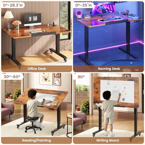 SEDETA 47 x 24 Inches Electric Standing Desk, 180° Tiltable Mobile Rising | Computer Desk Height Adjustable with Wheels for Drawing/Writing/Gaming/Study/Home Office/Small Space, Rustic Brown - color: Rustic Brown, size: 47 x 24 Inches
