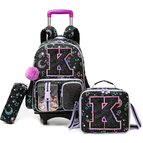 HTgroce Cute Rolling Backpack with Wheel,School Backpack for Kids Girl Roller Schoolbag Wheeled Backpacks Set Carry-on Luggage,Black K - color: Black, style: K