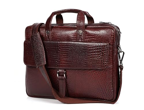 16" Crocodile Embossed Leather Laptop Briefcase, 5 Zipper Pockets, 2 Spacious Compartments, 16x12x4 inches. - color: Classic Brown