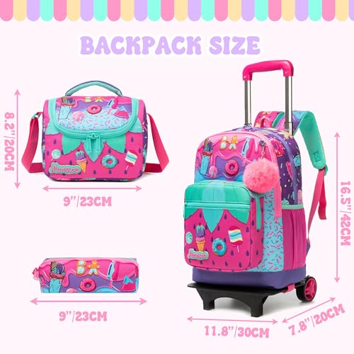 Girls Rolling Backpack for Kids Ages 8-12 Wheeled Backpack for Kids Backpacks for Girls with Lunch Bag Back to School Supplies Kit - color: Purple Ice Cream