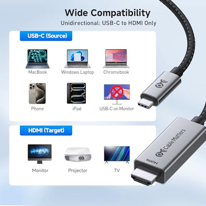 Cable Matters 48Gbps Unidirectional USB C to HDMI 2.1 Cable, 10ft | 4K@240Hz / 8K@60Hz HDR, for macOS and Windows, No Firmware Update Needed, Thunderbolt to HDMI 2.1 - size: 10 Feet