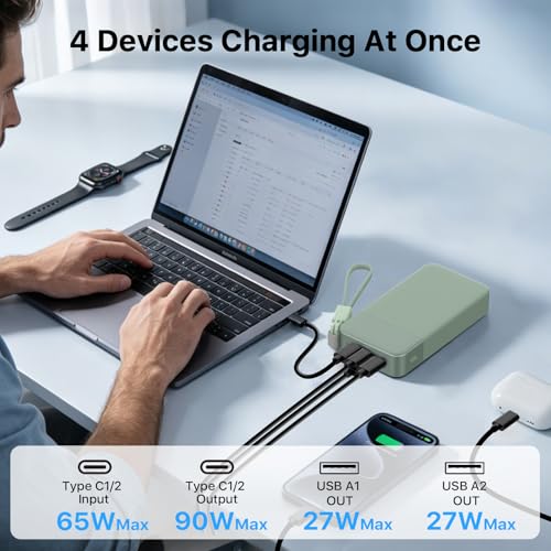 NOBIS Portable Charger 20000mAh 90W Power Bank w/Detachable Cable | 2C+2A USB-C Fast Charging Battery Pack with LED Display,Battery Bank for Laptops, Tablets, Phones and Steam Deck - color: Green