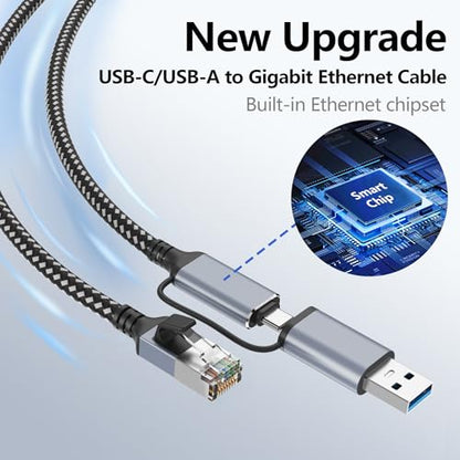 Jadaol USB-C/USB-A to Ethernet Cable 15 ft, Built-in USB-A Adapter, Up to 1Gbps Gigabit RJ45 LAN, Plug & Play for Most Systems, USB 3.0, Nylon Braided, Compatible with Thunderbolt 3/4 Device - size: 15ft