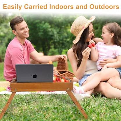 Greenual 2 Pack Bed Tray Table with Handles Folding Legs, Bamboo Breakfast Food Tray with Media Slot, Use As Platter, Laptop Desk, Snack, TV Tray Kitchen Serving Tray(Brown) - color: Brown