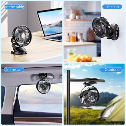 iNeibo 4000mAh Portable Clip on Fan with LED Lights, Battery Operated USB Desk Fan,4 Speed Quiet Rechargeable Mini Table Fan, 360° Rotate Personal Cooling Fan for Home Office Stroller Camping (Black) - color: Black