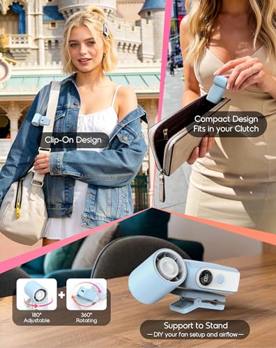 Clip-On Portable Fan for Strollers Travel, Rechargeable Turbo Personal Fan | Clip to Bag Strap Hat Stroller Shirt Desk Car Seats, Small 4 Speed 360° Rotate, Led Display, Turbo 13500RPM, Travel Essential - color: Blue