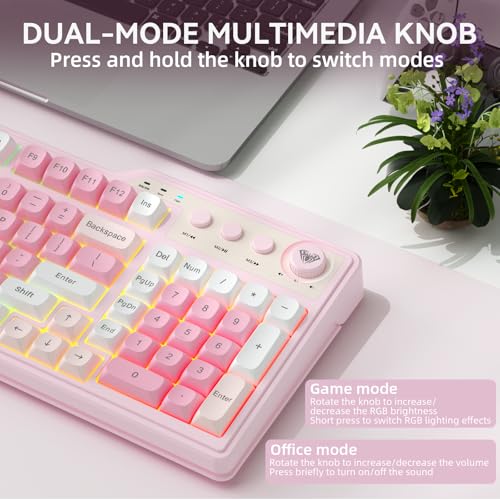 Aula F3099 Wireless Keyboard with Media Knob, Tri-Mode BT5.0/2.4GHz/USB-C Cute Creamy Keyboard with Number Pad, RGB Backlit Gaming Keyboard, Quiet Typing Pink Computer Keyboards for Office Laptop/PC - color: White & Pink