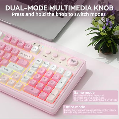 Aula F3099 Wireless Keyboard with Media Knob, Tri-Mode BT5.0/2.4GHz/USB-C Cute Creamy Keyboard with Number Pad, RGB Backlit Gaming Keyboard, Quiet Typing Pink Computer Keyboards for Office Laptop/PC - color: White & Pink
