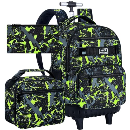 3Pcs Rolling Backpack for Boys, Men Roller Bag with Wheels for Adults, 19 Inche Graffiti Wheeled Bookbag with Lunch Box(Green) - color: Graffiti Green
