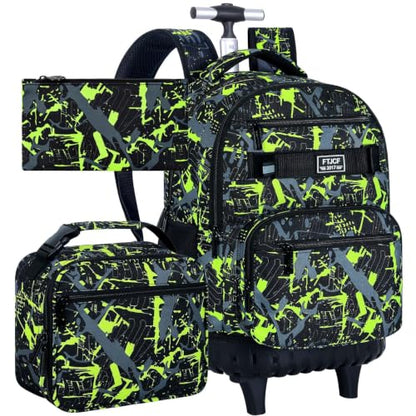 3Pcs Rolling Backpack for Boys, Men Roller Bag with Wheels for Adults, 19 Inche Graffiti Wheeled Bookbag with Lunch Box(Green) - color: Graffiti Green
