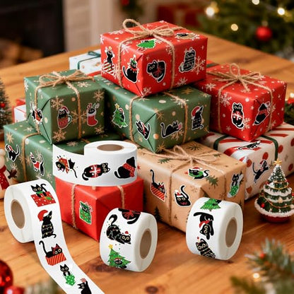 CNhoqc Christmas Black Cat Stickers - 2000 Pcs (4 Rolls) Vibrant Christmas Cat Stickers Santa Hat Tree String Light Waterproof Vinyl Decals Gift Wrapping Laptop Party Supplies Travel Case Skateboards - style: Christmas Black Cat 4-Rolls