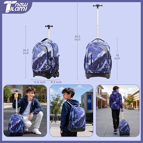 NEW TILAMI 18 Inch Rolling Backpack with Lunch Bag for Girls Boys School | 6-Wheel Stair-Climbing Girls Boys Carry-on Suitcase Water-Resistant Adjustable Trolley Handle Wheels School Travel Camping - color: Lightning Purple