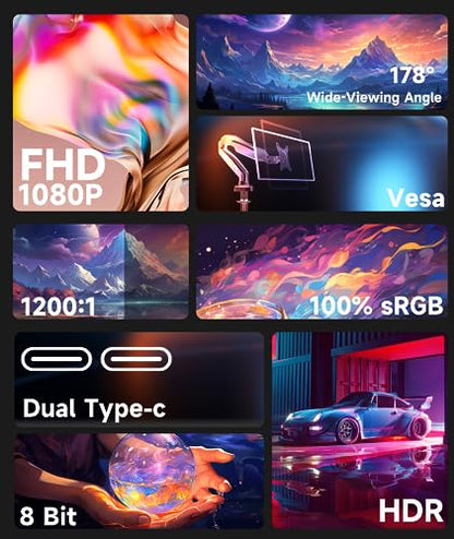 Ingnok 18.5Inch Portable Monitor, 100% sRGB USB C Second Screen FHD | USB-C Mini HDMI Large second screen for Laptop,mini PC,PS5/Switch, smart cover stand,built-in speakers,VESA-ready - size: 18.5 inches