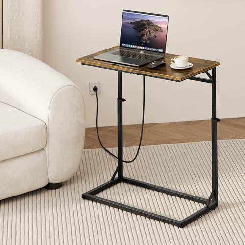 C Shaped End Table with Charging Station, Large C-Table End Table Adjustable Height Side Table for Couch, Couch Table Slide Under Sofa Table TV Tray Table for Sofa, Living Room, Bedroom,Brown - color: Rustic Brown, style: With Plug