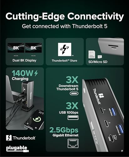 Plugable Thunderbolt 5 Docking Station for MacBook Pro and Windows, 140W Charging, Dual 6K@60Hz Mac, Dual 8K Windows, 80/120Gbps, 3X Thunderbolt 5 Ports, 2.5GbE, Driverless (TBT-UDT3)