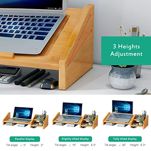 Ufine Bamboo Laptop Stand for Desk with Storage Computer Monitor Riser | 3 Heights Adjustable, Notebook Printer Stand Desktop Organizer for Home Office