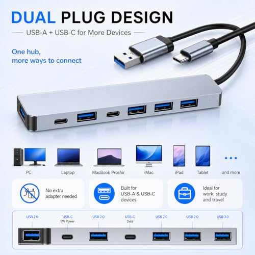 VIENON Aluminum USB C & USB Hub 7-in-1 with USB 3.0, USB-C Ports for PC/Laptops/MacBook Pro/Air/iMac/iPad and More Devices