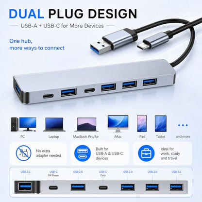 VIENON Aluminum USB C & USB Hub 7-in-1 with USB 3.0, USB-C Ports for PC/Laptops/MacBook Pro/Air/iMac/iPad and More Devices