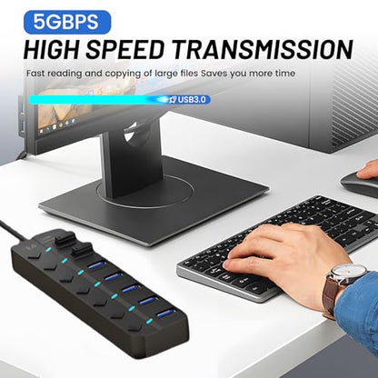7-Port USB 3.0 Hub with Individual On/Off Switches, 5Gbps Data Transfer USB Splitter for Laptop, PC, Desktop, MacBook, Keyboard, Mouse, Flash Drive, Printer