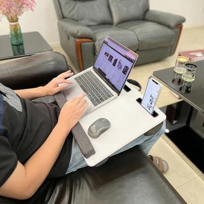 Lap Desk Home Office Lap Desk Portable Laptop Desk for Left Right - Handers with Whole Mouse Pad Wrist Pad Dual Cushion Phone Tablet Slots Fits Up to 17 Inch Laptops - color: White