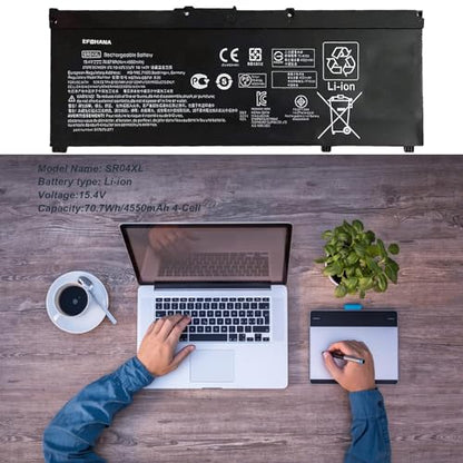 SR04XL SR03XL 917724-855 Laptop Battery for HP Omen 15 15-CE0XX 15-DC0XX Series 15-CE198WM 15-CE015DX Pavilion 15-CB0XX 15-CX0XX 15-CB041NR 15-CX0056WM l08855-855 917678-1B1 70.07Wh 15.4V - size: 10.51×3.50×0.30 in SR04XL
