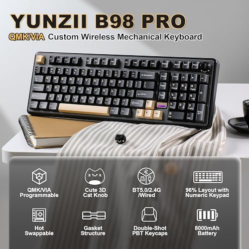 YUNZII B98 PRO QMK/VIA Wireless Mechanical Gaming Keyboard,96% Layout with Numpad and Cute Cat Knob, BT/2.4G/USB-C,Linear Switch Hot Swap Gasket,RGB for Win/Mac (Black, Candy Linear Switch) - color: Black, size: Candy Linear Switch