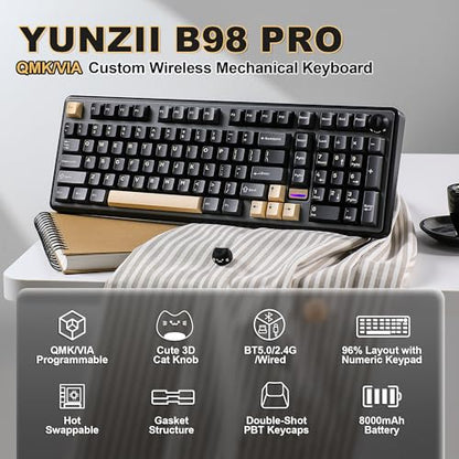 YUNZII B98 PRO QMK/VIA Wireless Mechanical Gaming Keyboard,96% Layout with Numpad and Cute Cat Knob, BT/2.4G/USB-C,Linear Switch Hot Swap Gasket,RGB for Win/Mac (Black, Milk V2 Linear Switch) - color: Black, size: Milk V2 Linear Switch